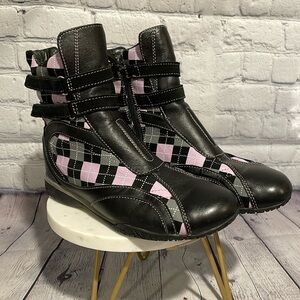 Donald J. Pliner Leather hi top argyle black and purple sneakers Size 6